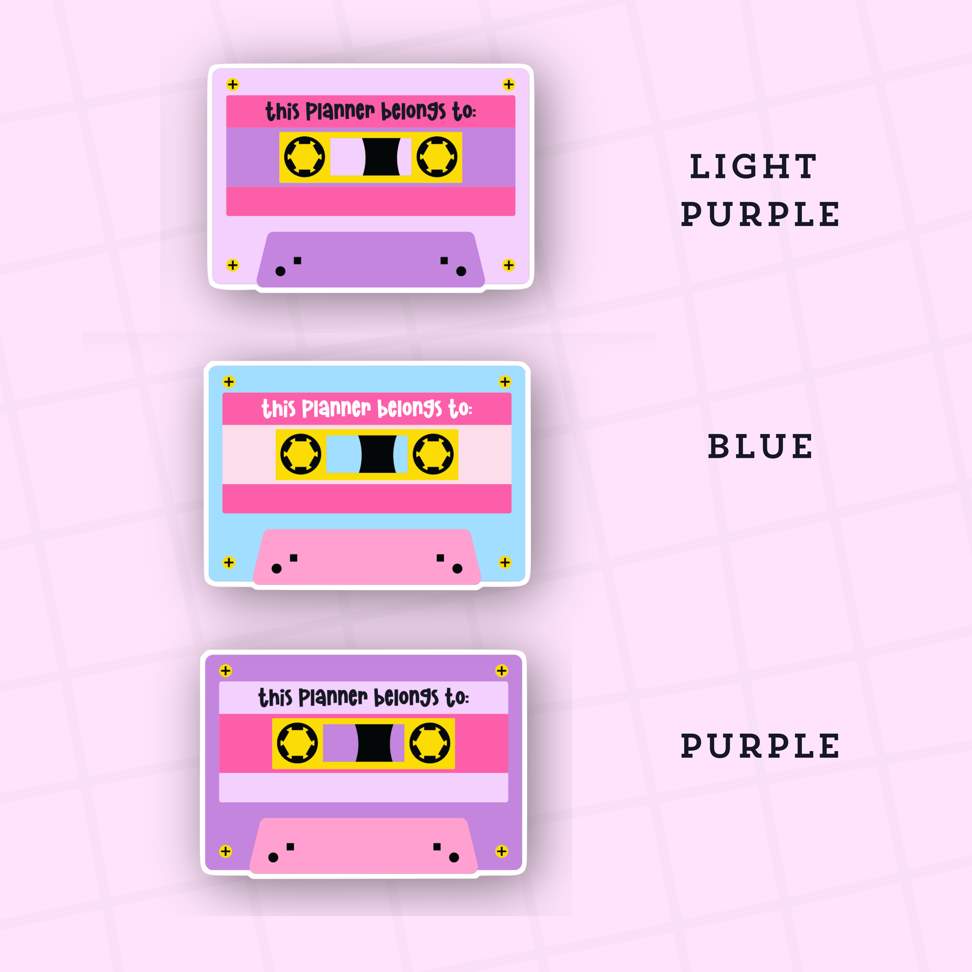 Three cassette tape-themed stickers on a light purple background with color labels.