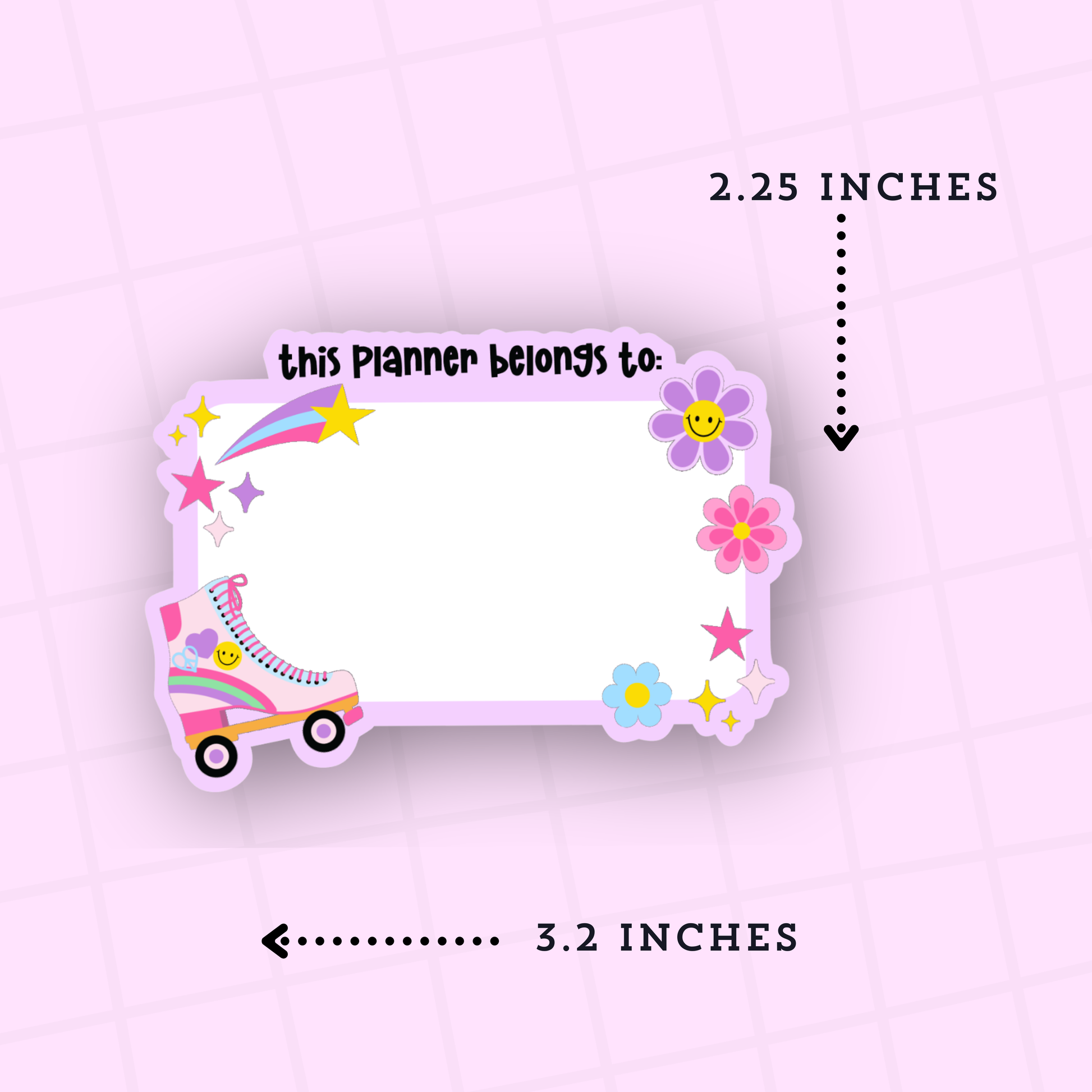 Personalized planner cover with roller skate design and measurements on a pink background