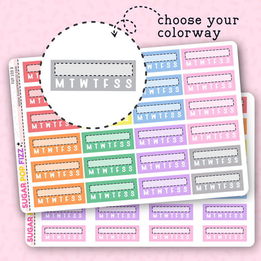 A variety of colorful habit tracker stickers with labeled days of the week, displayed on a pink background with an inset showing the sticker's cut line.