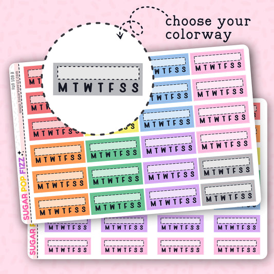 A variety of colorful rectangular functional stickers with text, intended for use in planners, displayed on a white background.