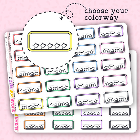 A sheet of functional stickers with various colorful backgrounds and star patterns, labeled with 'choose your colorway'.