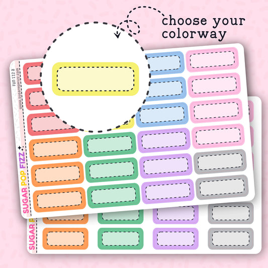 A variety of colorful, rectangular stickers with rounded edges, displayed in rows on a pink background. Each sticker has a small red line indicating a cut line.