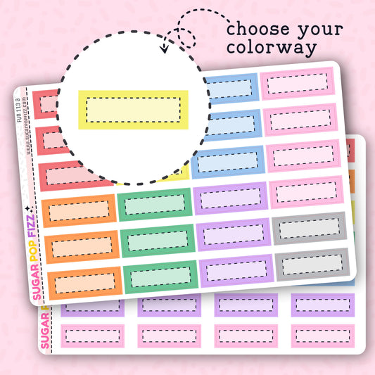 A variety of colorful squared functional stickers in different colorways, displayed on a pink background with a text overlay saying 'choose your colorway'.
