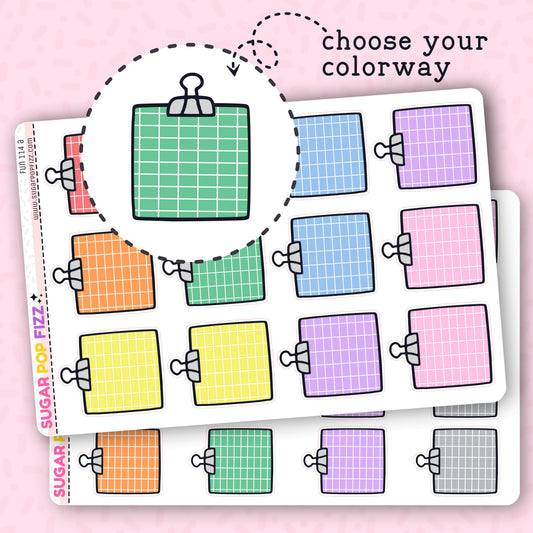 A variety of colorful grid box stickers with a 'choose your colorway' text, designed for use in planners.