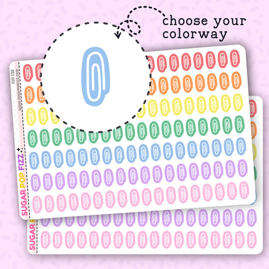 Sheets of colorful functional stickers designed to resemble paperclips, with a label allowing customization by color choice.
