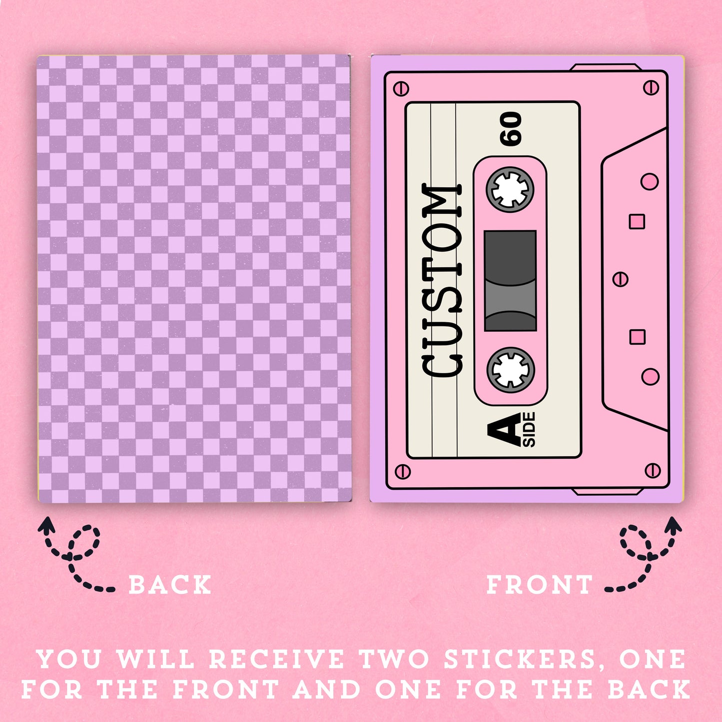 Two stickers, one with a checkered pattern and the other resembling a cassette tape, on a pink background.