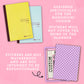 Two planners with stickers on a pink background, featuring text about planner compatibility and sticker features.