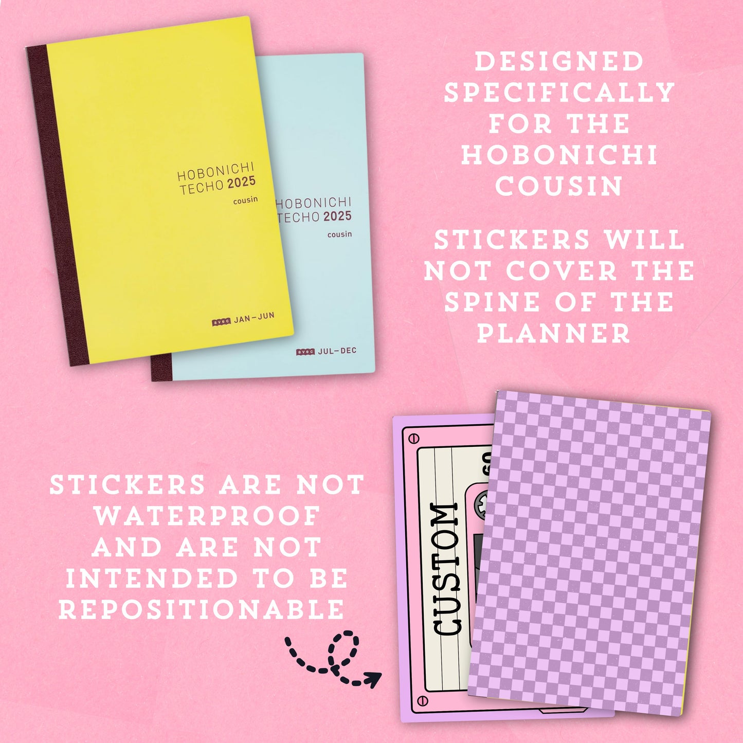 Two planners with stickers on a pink background, featuring text about planner compatibility and sticker features.
