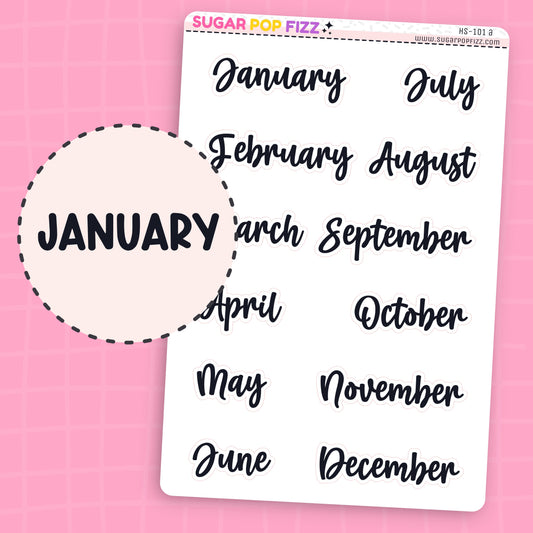Large Monthly Script Stickers (4 fonts) - HS101