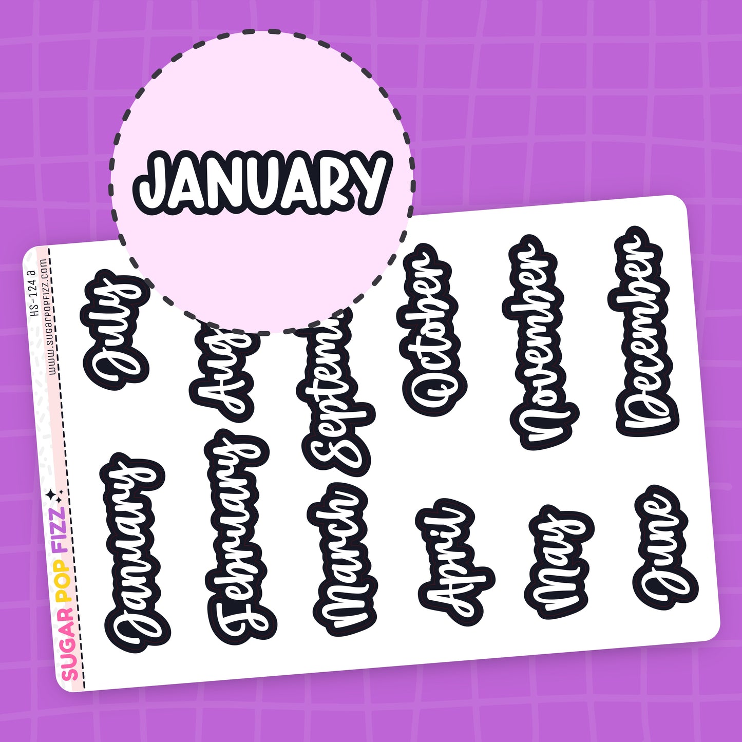 sticker Sheet of months labeled from January to December that are white with a thick black outline on a purple grid background.