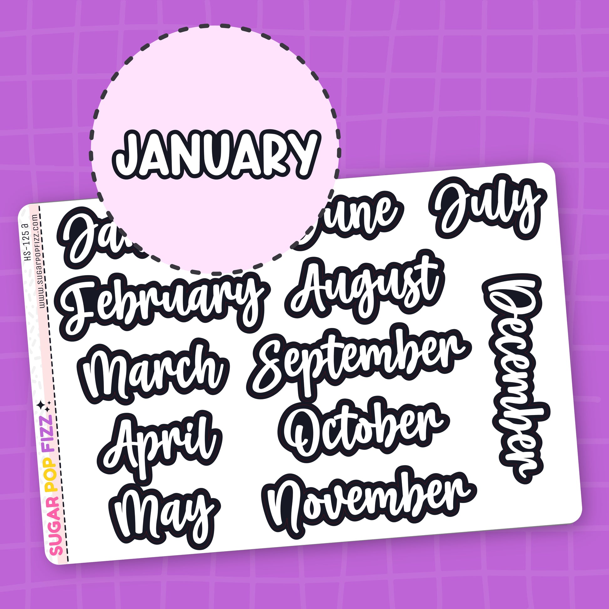 Sticker sheet with months of the year that are white with a thick black outline on a purple grid background