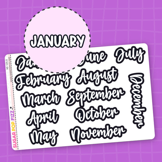 Sticker sheet with months of the year that are white with a thick black outline on a purple grid background