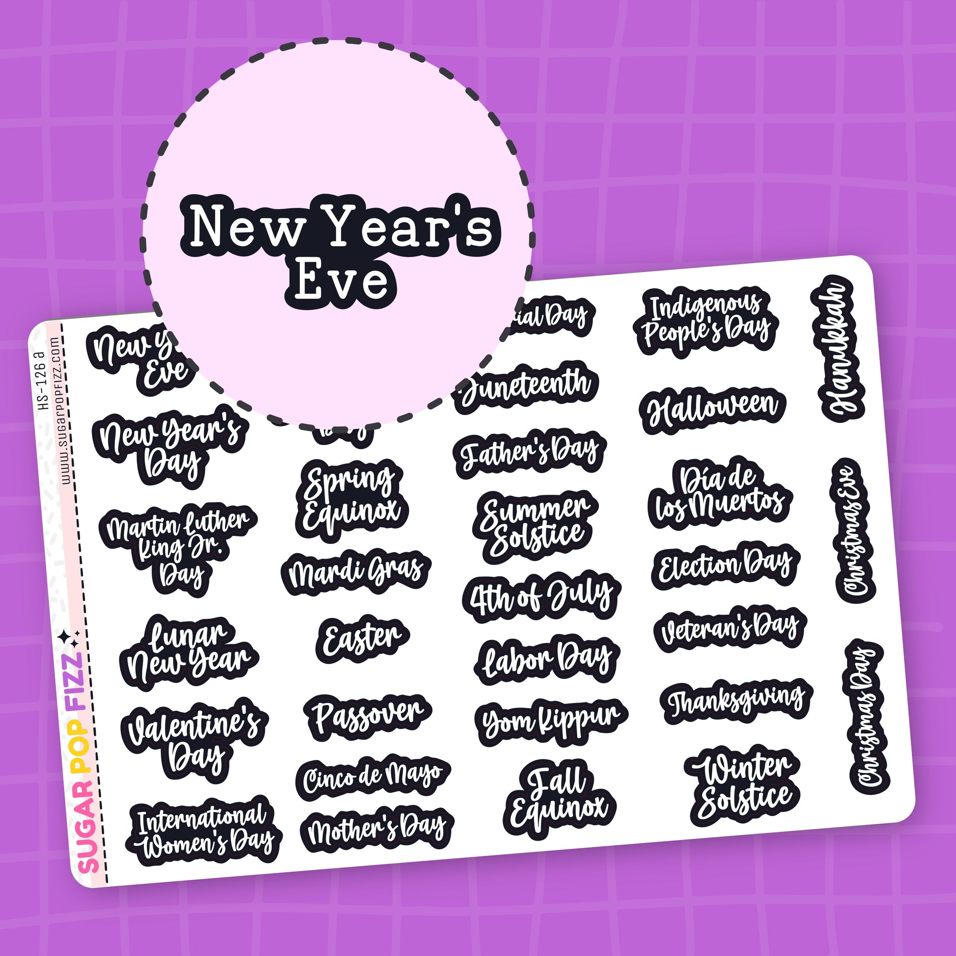 Sheet of planner stickers with various american holidays that are white with a thick black outline on a purple background