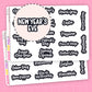 Sheet of planner stickers with various american holidays that are white with a thick black outline 
on a pink background