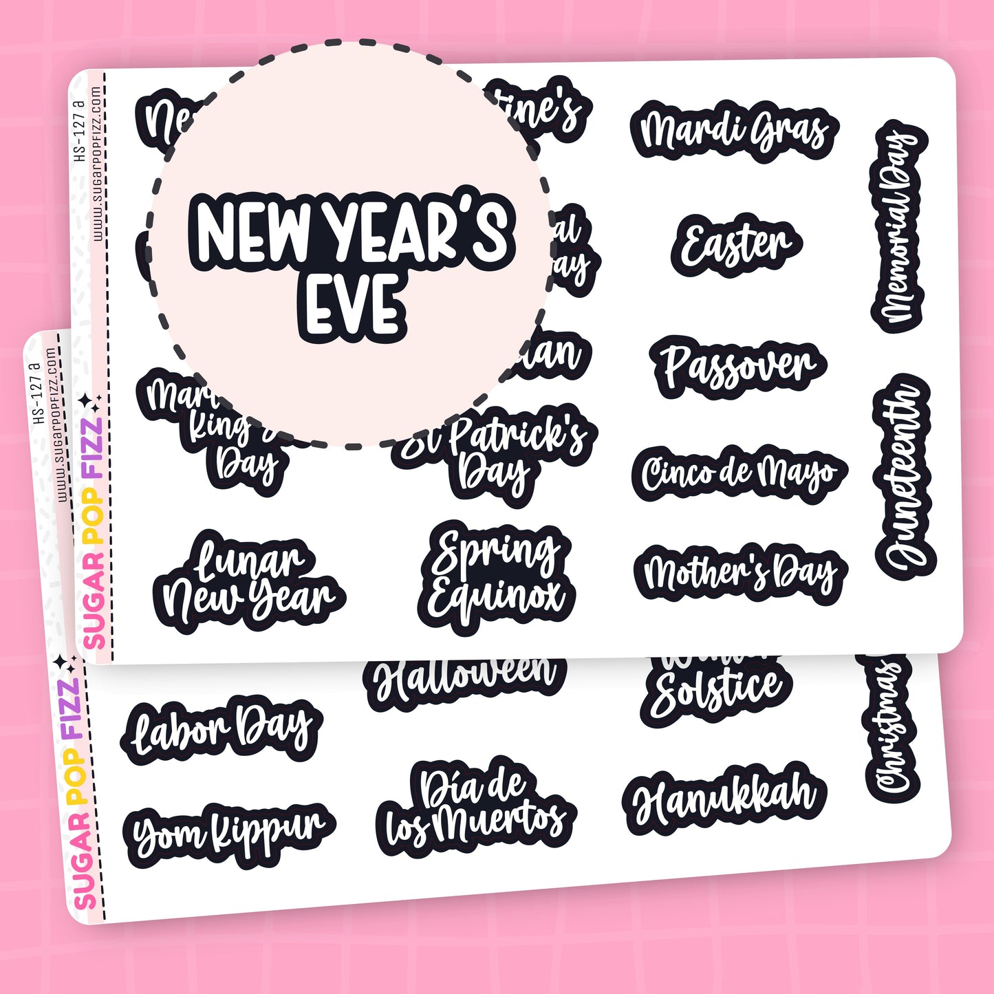Sheet of planner stickers with various american holidays that are white with a thick black outline 
on a pink background