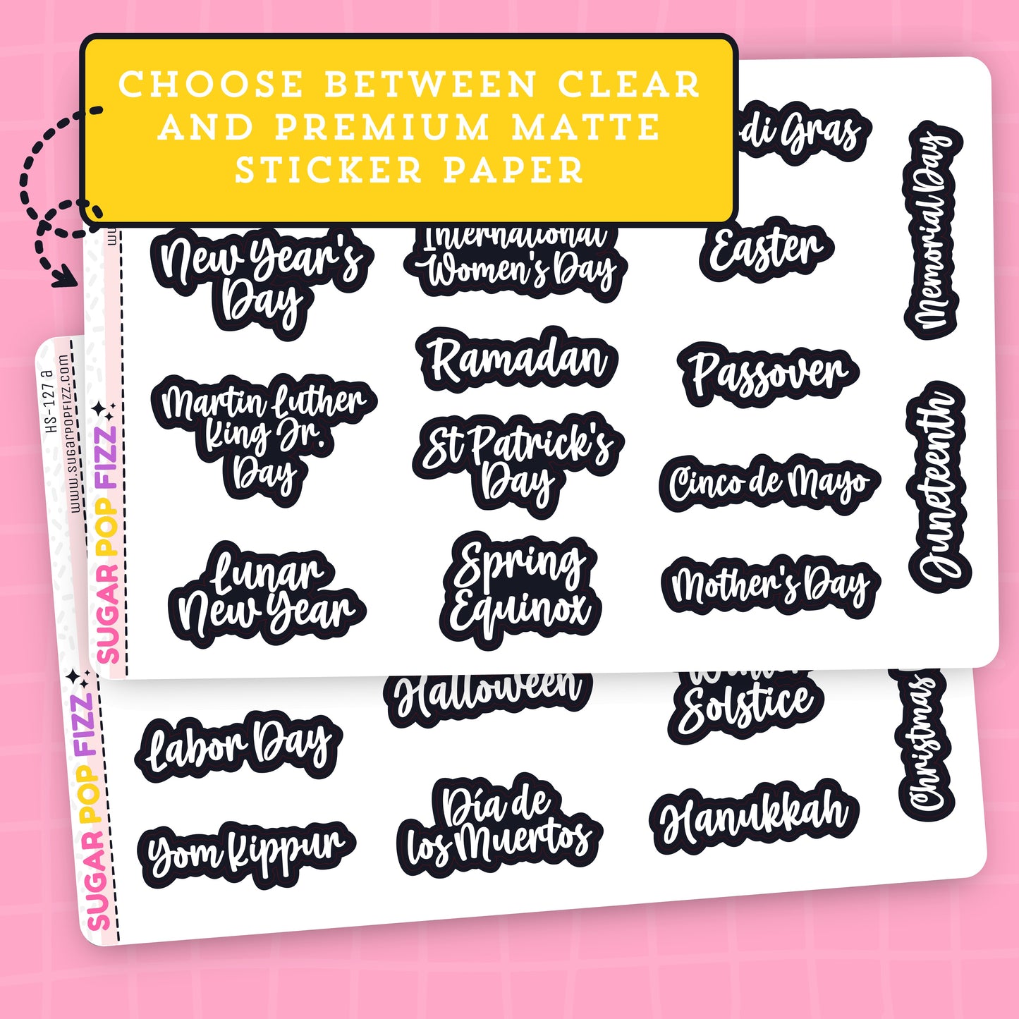 Sheet of stickers with various holidays on a pink background