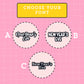 Selection of New Year's Eve font styles on a pink background with a yellow box at the top that says choose your font. Font A is a script style font, font B is a rounded all capital letters font and font c is an all-lowercase typewriter font.