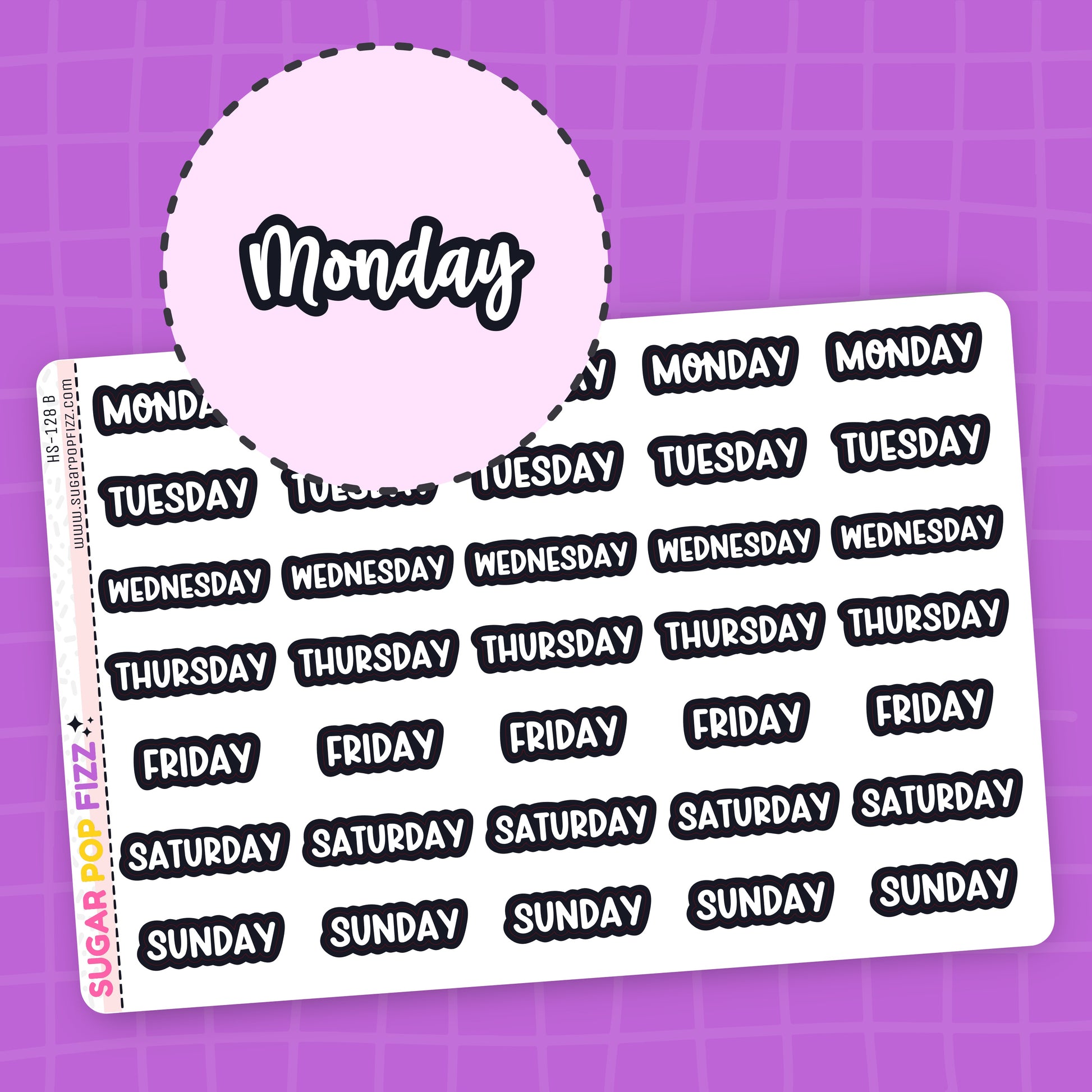 Sheet of days of the week stickers that are white with a thick black outline on a purple grid background