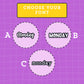 Three circular options labeled A, B, and C with 'Monday' text on a purple grid background. Font A is a script style font, font B is a rounded all capital letters font and font c is an all-lowercase typewriter font.