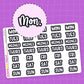 Sheet of days of the week stickers that are white with a thick black outline on a purple grid background