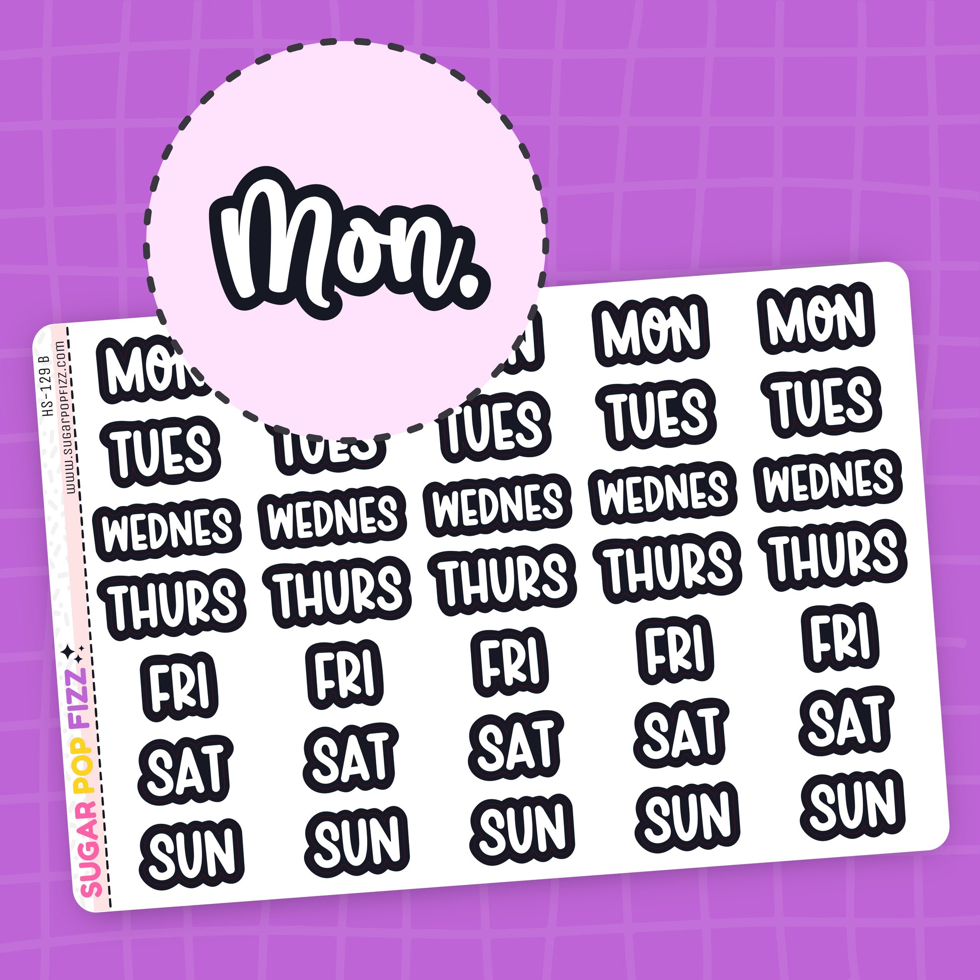 Sheet of days of the week stickers that are white with a thick black outline on a purple grid background