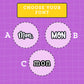 Font selection prompt with three font options on a purple grid background. Font A is a script style font, font B is a rounded all capital letters font and font c is an all-lowercase typewriter font.