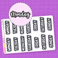 Sheet of days of the week stickers that are white with a thick black outline on a purple background