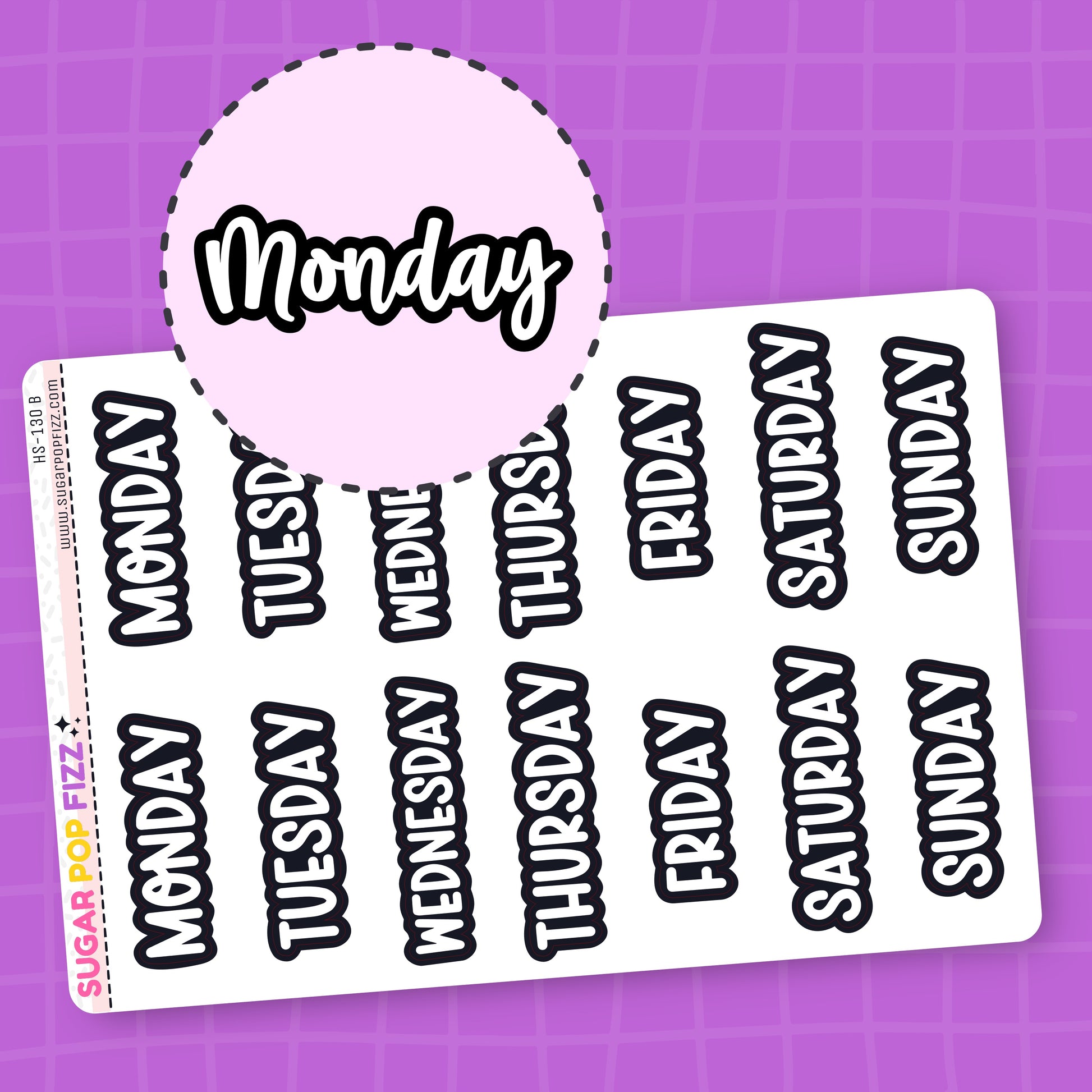 Sheet of days of the week stickers that are white with a thick black outline on a purple background