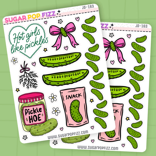 Two sheets of decorative stickers featuring pickles, bows, and text on a green background.
