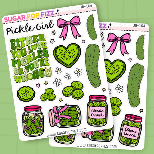 Two sheets of pickle-themed stickers with text and graphics on a green background.