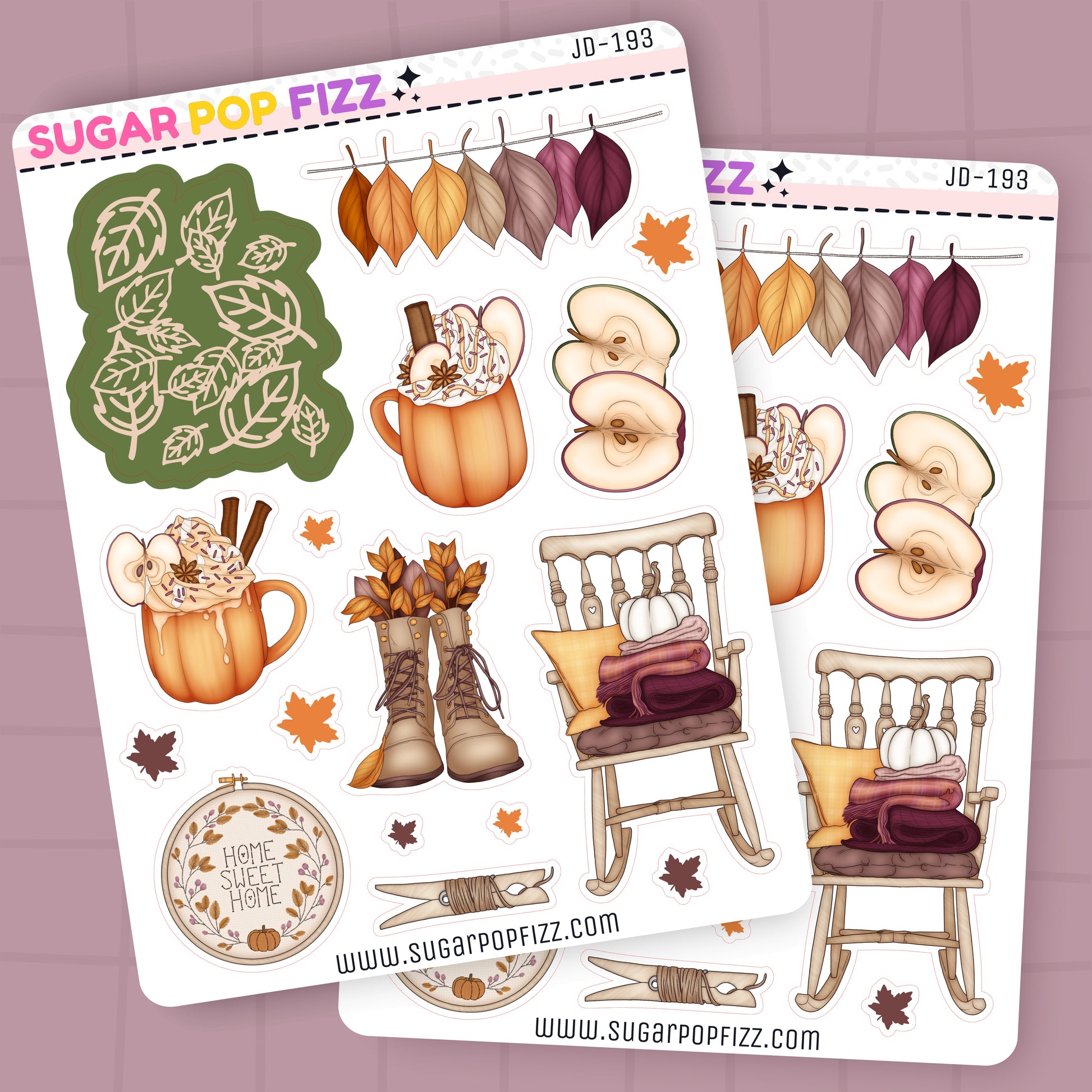 Two sheets of fall-themed stickers by Sugar Pop Fizz on a matching background.