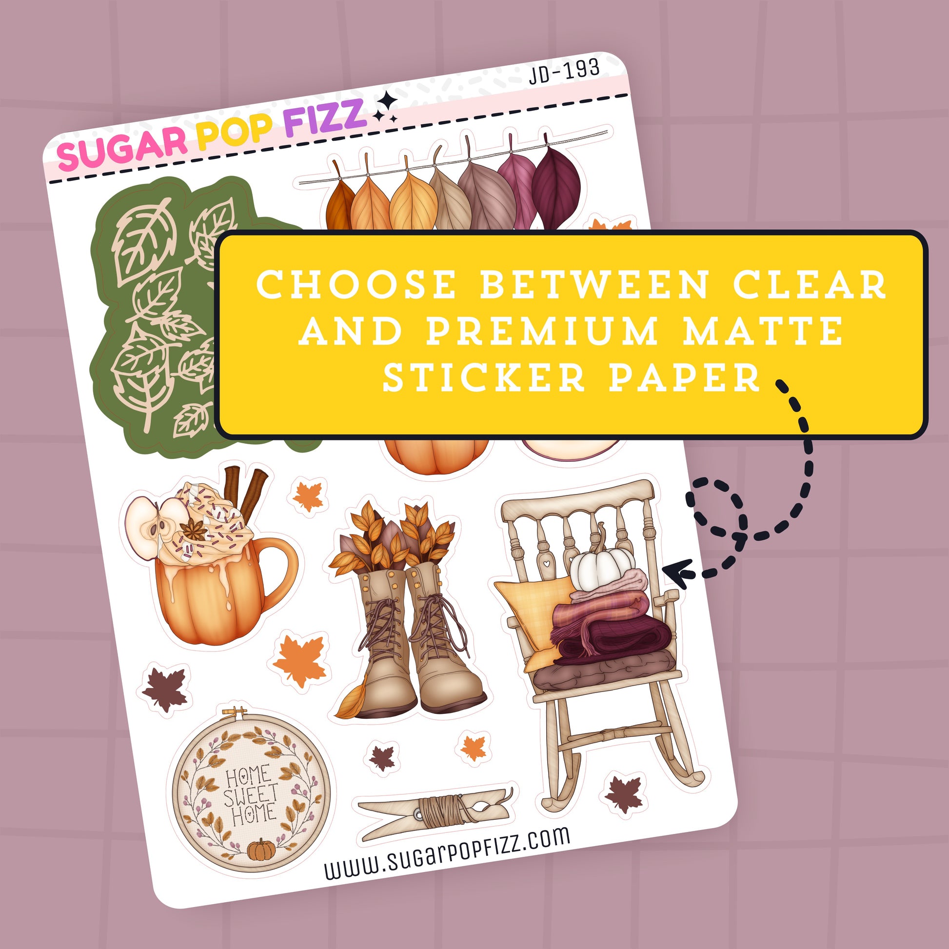 Sticker sheet with fall-themed designs on a purple background, featuring the brand 'Sugar Pop Fizz'.