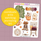 Sticker sheet with autumn-themed designs on a purple grid background