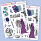 Sticker sheets with fantasy-themed designs featuring a horse, sword, and other elements on a light blue background.