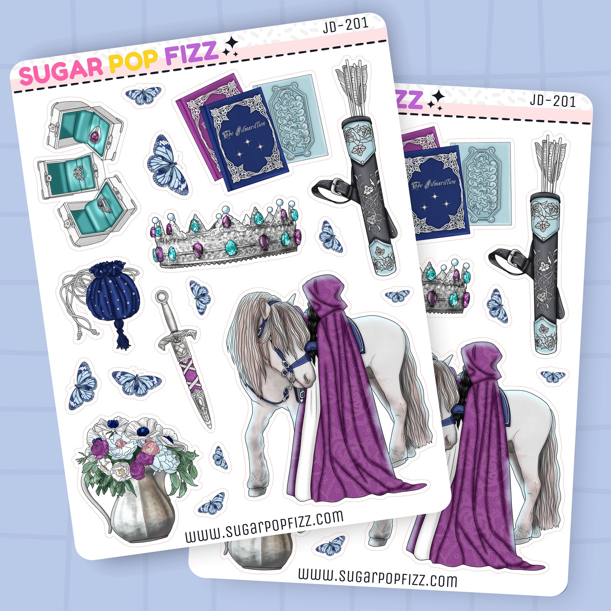 Sticker sheets with fantasy-themed designs featuring a horse, sword, and other elements on a light blue background.