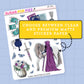 Sticker sheet with fantasy-themed designs on a blue grid background, featuring text about sticker paper options.