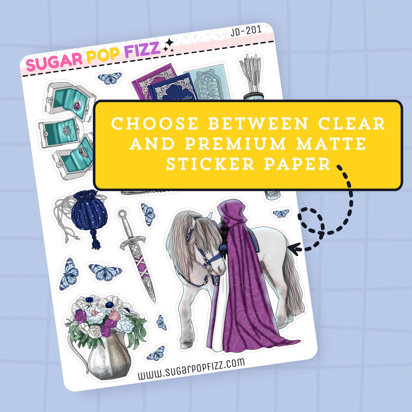 Sticker sheet with fantasy-themed designs on a blue grid background, featuring text about sticker paper options.