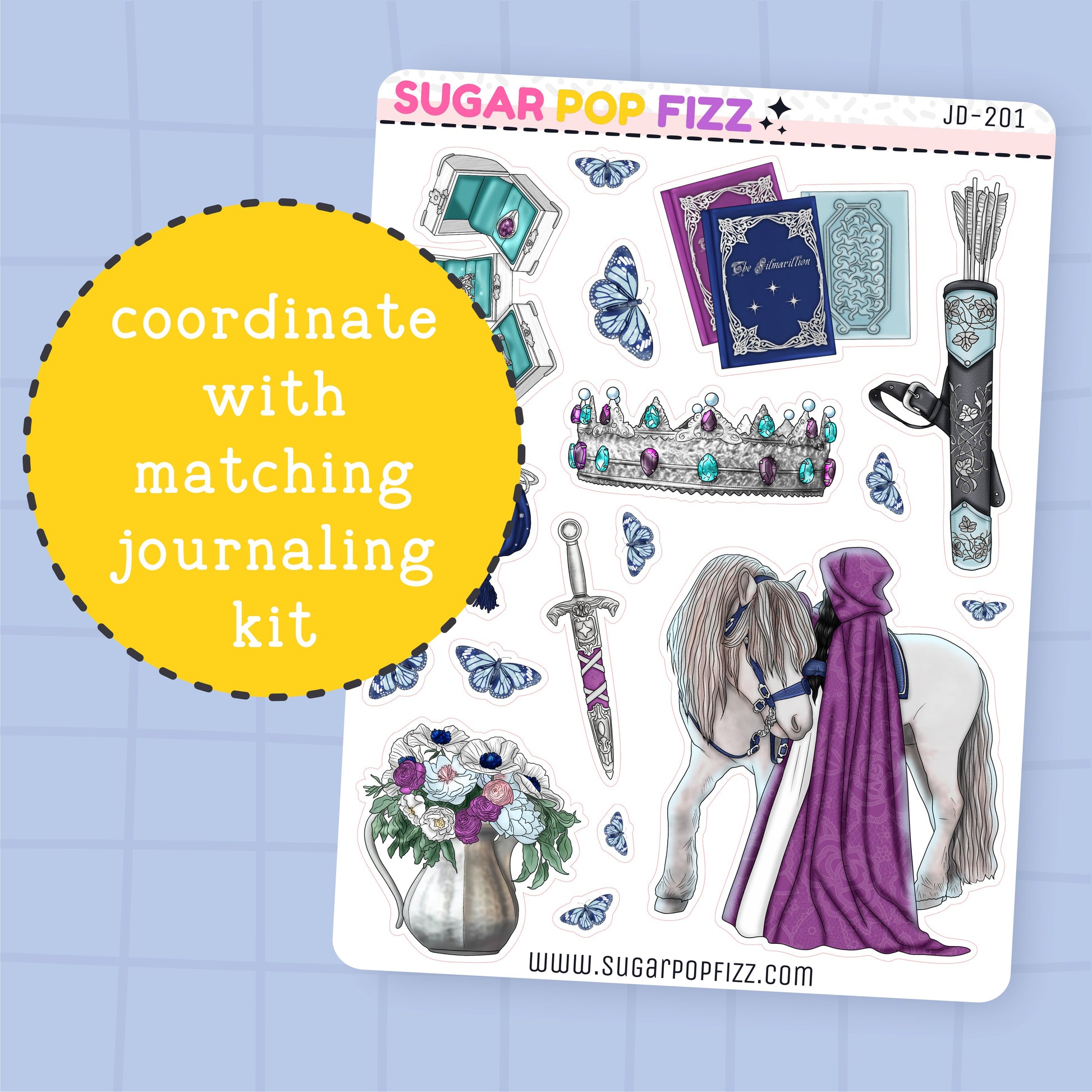 Sticker sheet from Sugar Pop Fizz with various designs on a blue grid background