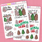 Two sheets of Christmas-themed stickers with decorative text and trees on a pink background.
