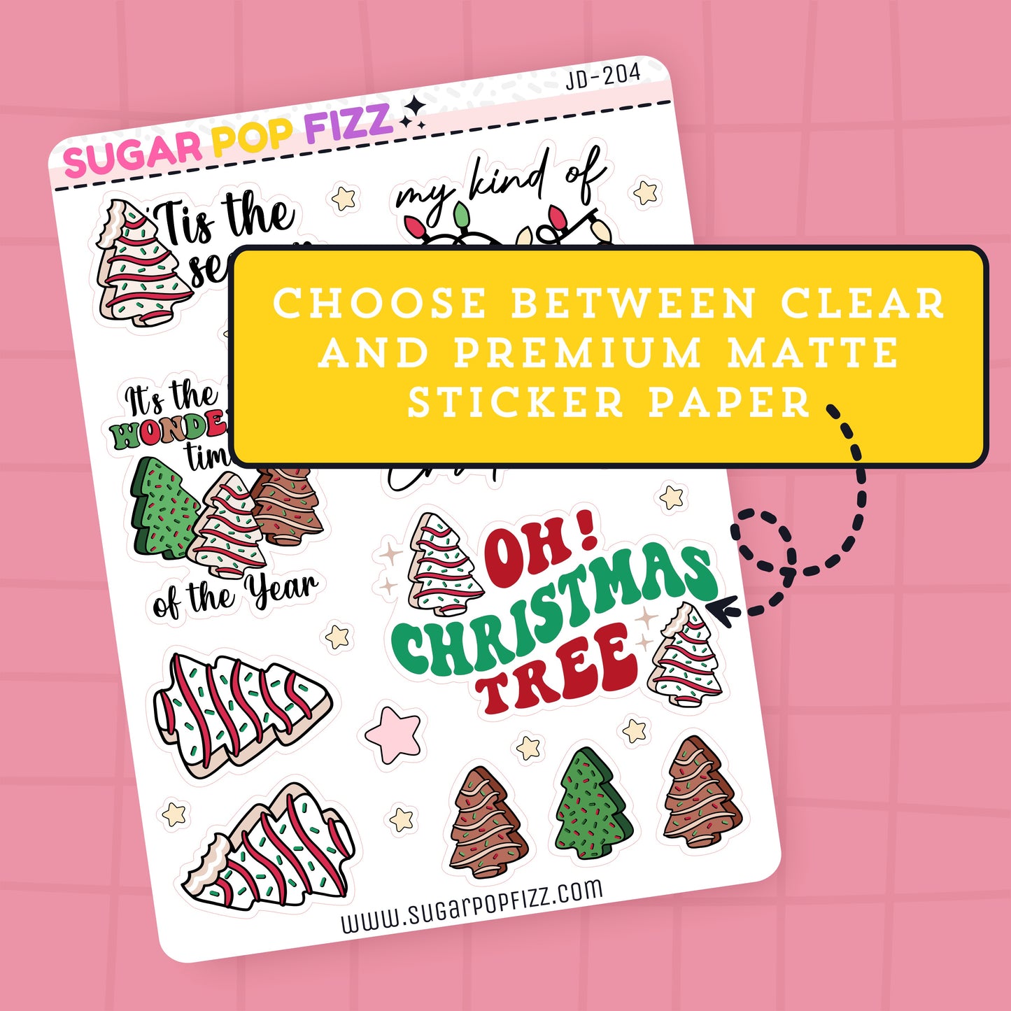 Sheet of Christmas-themed stickers with text on a pink background