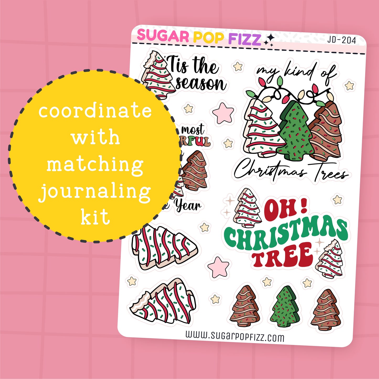 Sticker sheet with Christmas-themed designs on a pink background, featuring the brand 'Sugar Pop Fizz'.