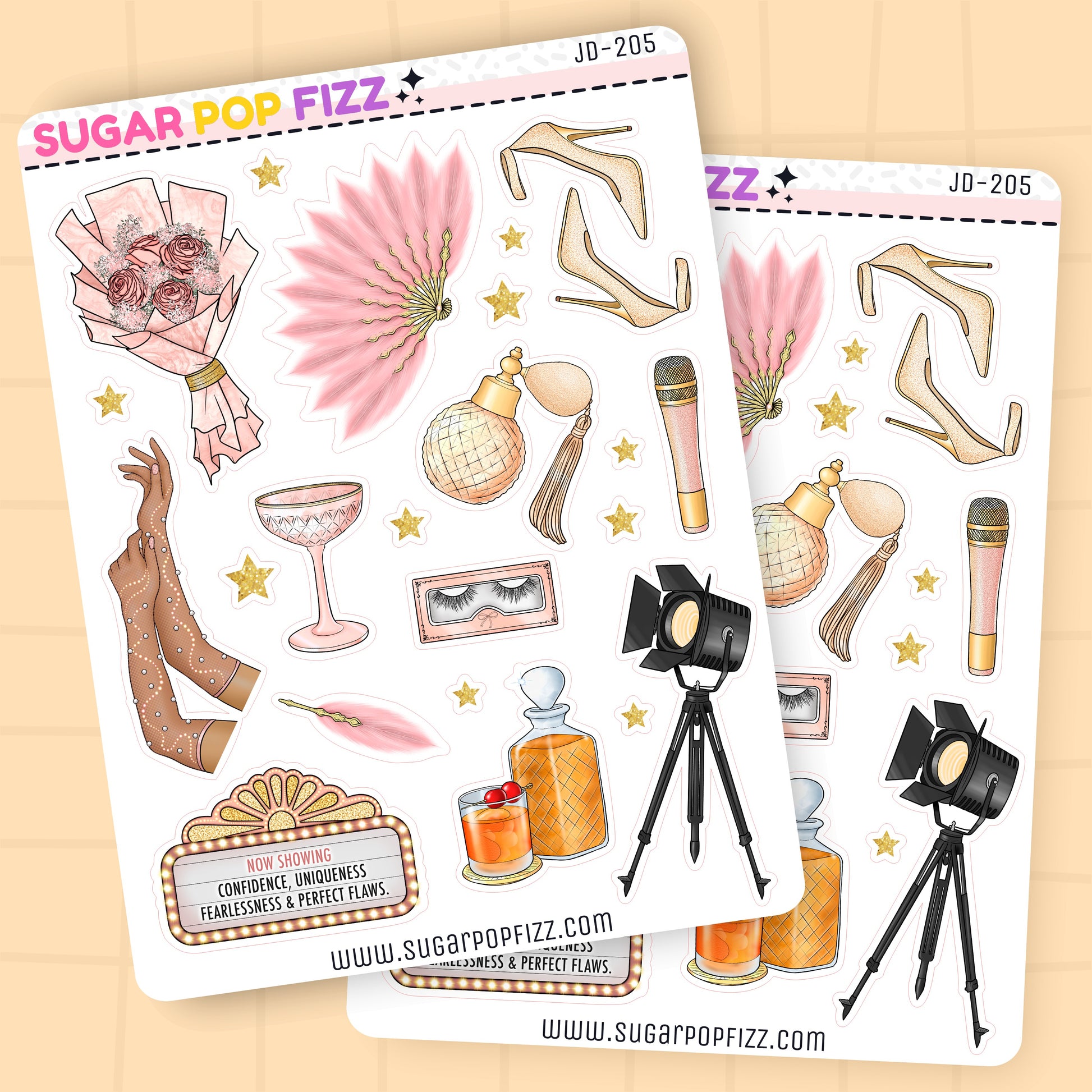 Sticker sheets from Sugar Pop Fizz with various illustrations on a beige background