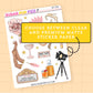 Sticker sheet with various designs on a beige background, featuring text about sticker paper options.
