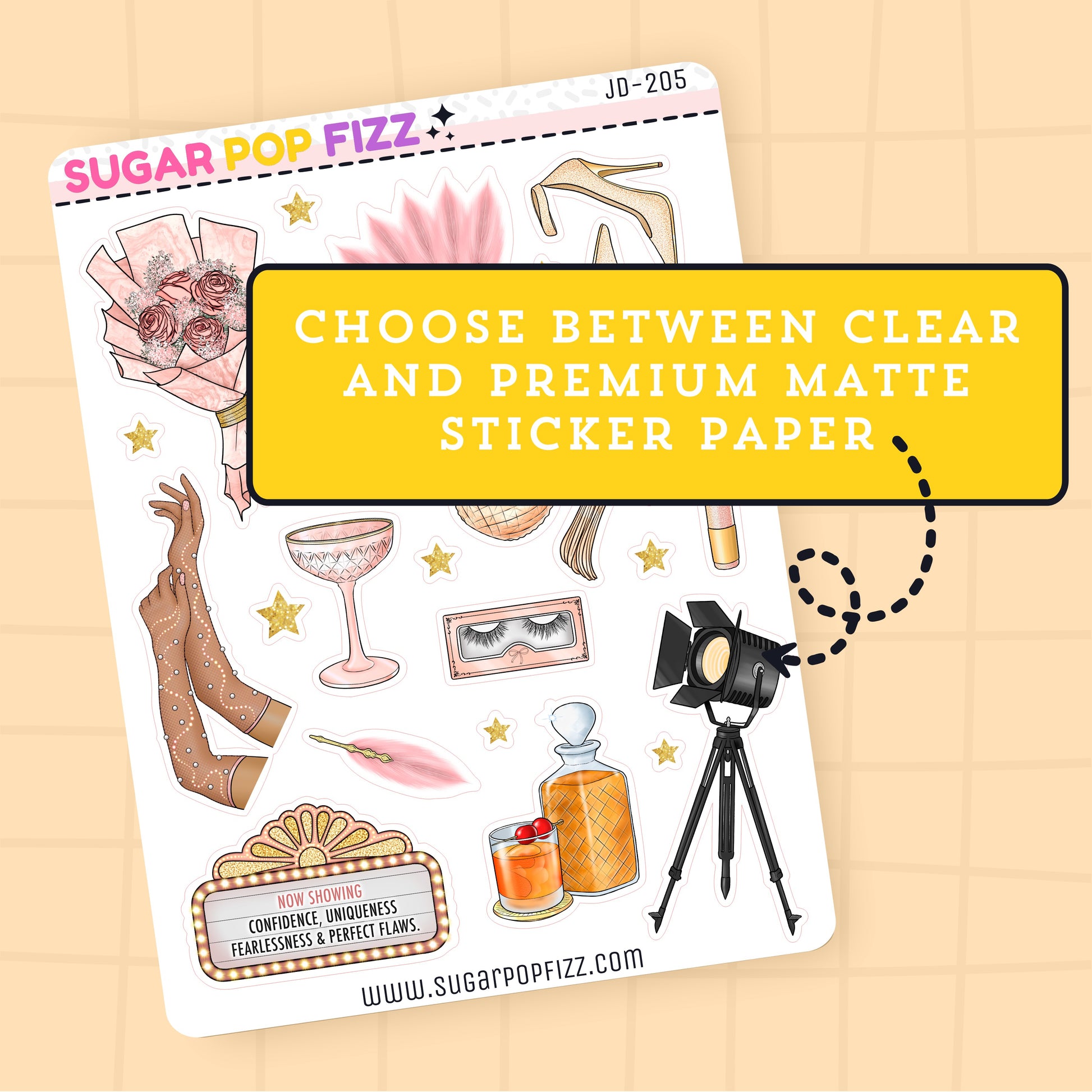 Sticker sheet with various designs on a beige background, featuring text about sticker paper options.