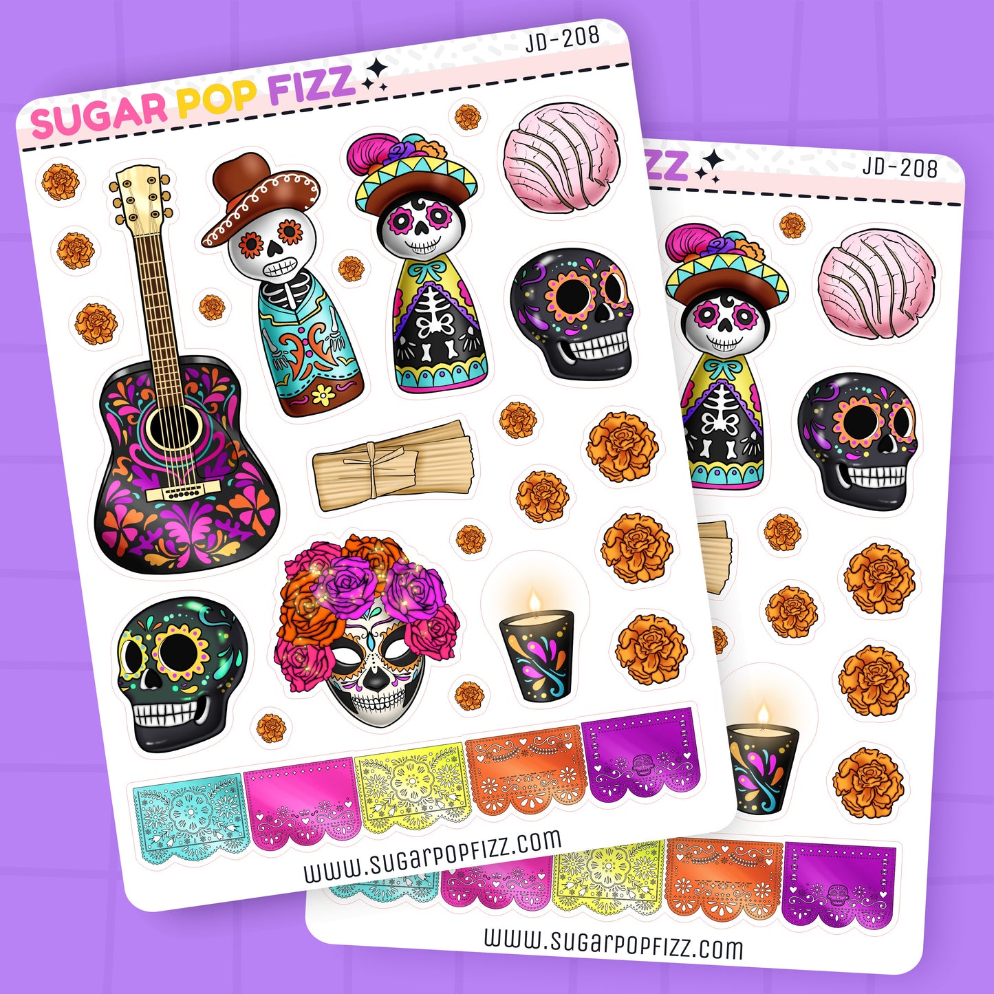 Sticker sheets with colorful sugar skull designs, guitar, and other festive elements on a purple background.