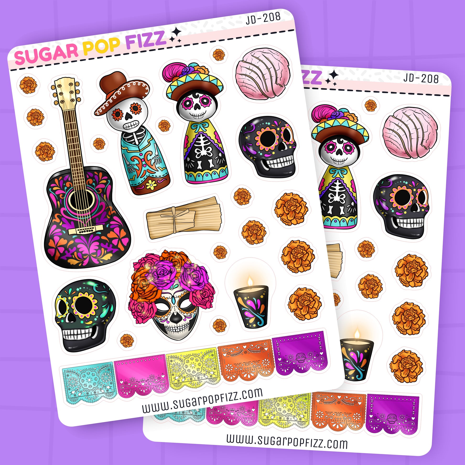 Sticker sheets with colorful sugar skull designs, guitar, and other festive elements on a purple background.
