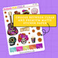 Sticker sheet with colorful designs on a purple background, featuring text about sticker paper options.