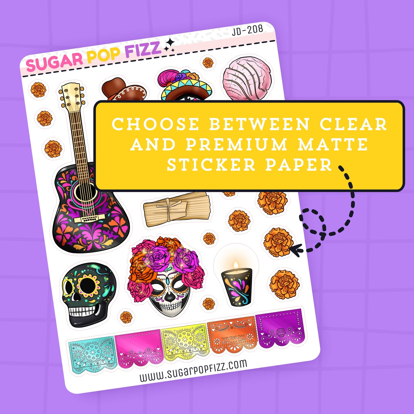 Sticker sheet with colorful designs on a purple background, featuring text about sticker paper options.