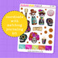 Sticker sheet with colorful skull designs and text on a purple background