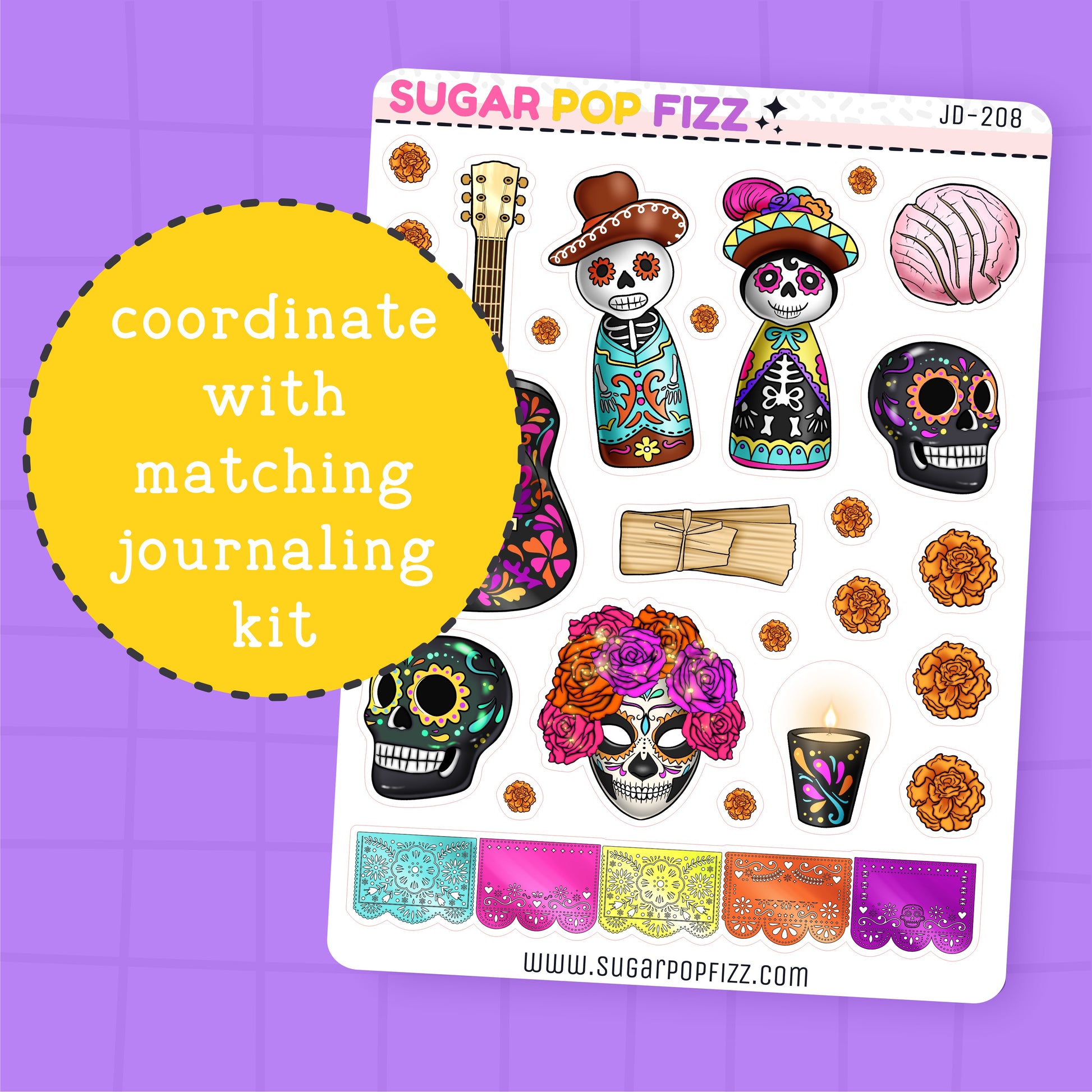 Sticker sheet with colorful skull designs and text on a purple background